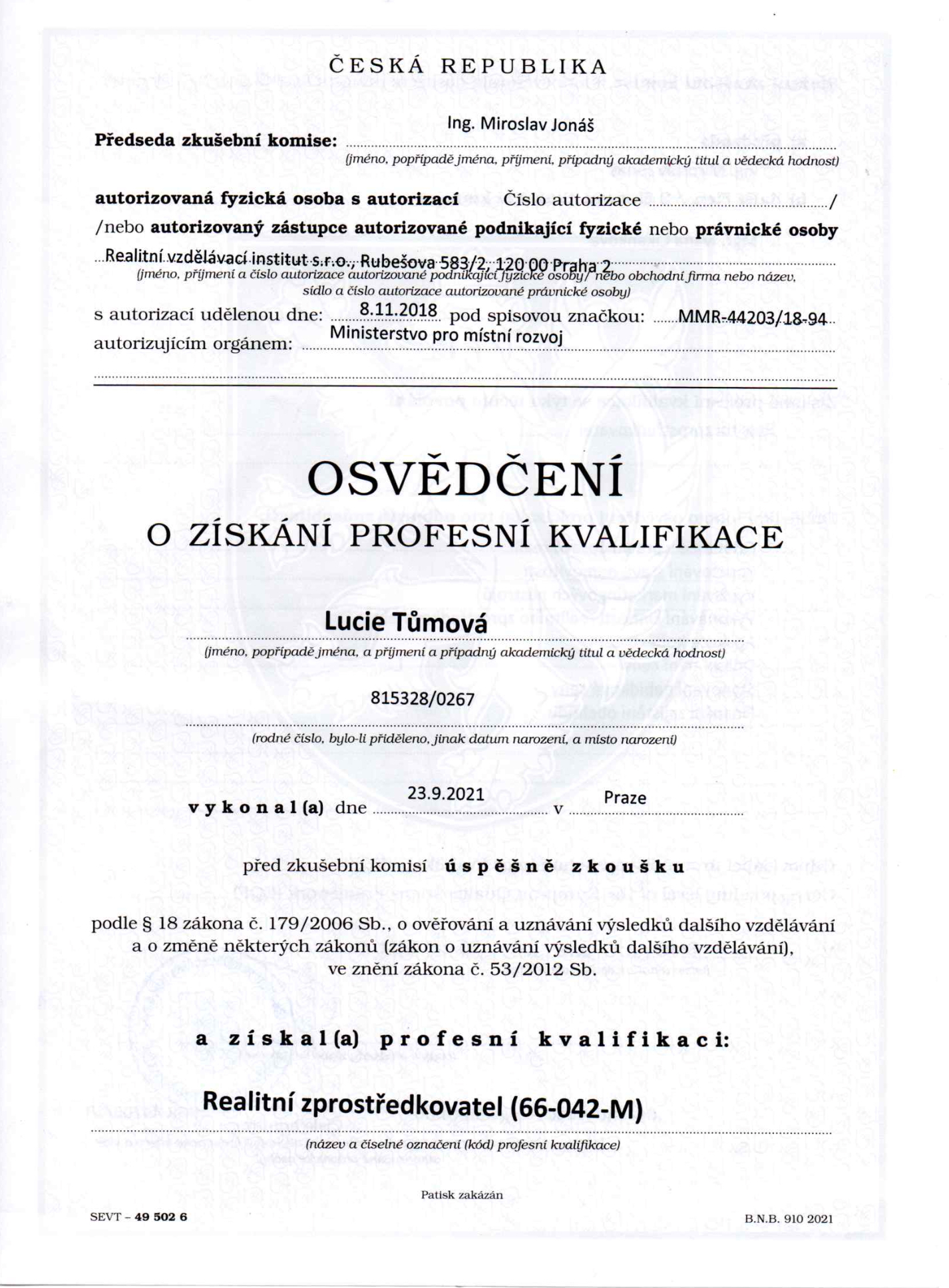 Profesní kvalifikace - Realitní zprostředkovatel
